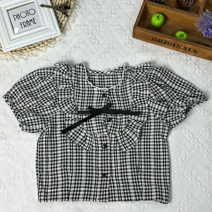 2023 Summer New Arrival Black and White Checkered Lace Collar Two-Piece Set, Korean Version, Stylish Outfit for Girls.