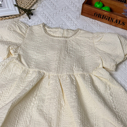 Girl's Dress 2023 Summer New Cute Pearl Collar Bubble Sleeves Beige Princess Dress