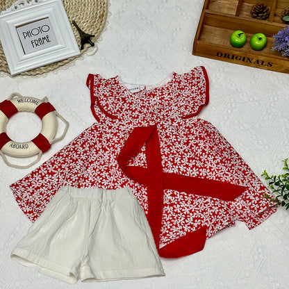 2023 Summer New Fashionable and Cute Girls' Dress - Butterfly Bow Floral Dress