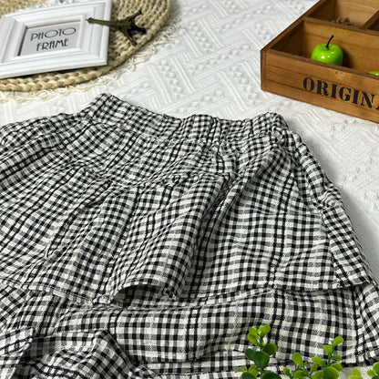 2023 Summer New Arrival Black and White Checkered Lace Collar Two-Piece Set, Korean Version, Stylish Outfit for Girls.