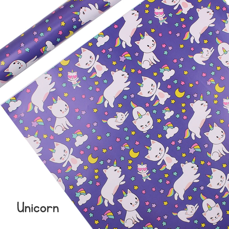 Gift wrapping service with cartoon birthday present wrapping paper sheets, kindergarten craft paper