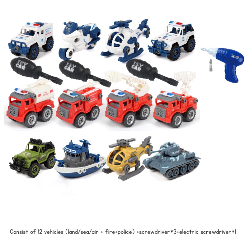 Children's Disassembly and Assembly Toy Car with Electric Screwdriver Screw Toy Engineering Vehicles Fire Trucks Police
