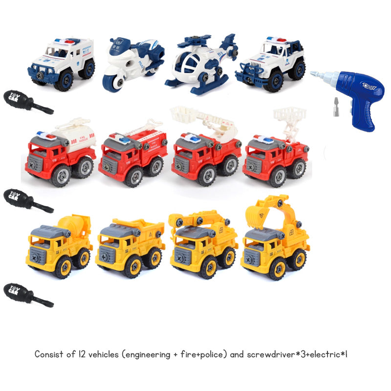 Children's Disassembly and Assembly Toy Car with Electric Screwdriver Screw Toy Engineering Vehicles Fire Trucks Police