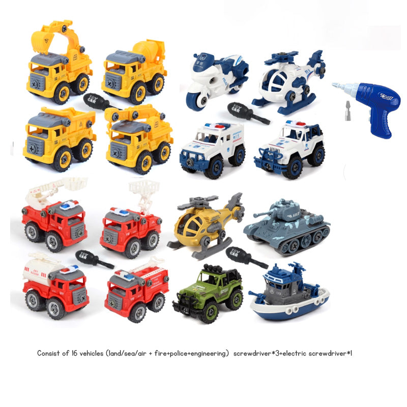 Children's Disassembly and Assembly Toy Car with Electric Screwdriver Screw Toy Engineering Vehicles Fire Trucks Police