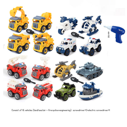 Children's Disassembly and Assembly Toy Car with Electric Screwdriver Screw Toy Engineering Vehicles Fire Trucks Police