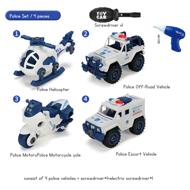 Children's Disassembly and Assembly Toy Car with Electric Screwdriver Screw Toy Engineering Vehicles Fire Trucks Police