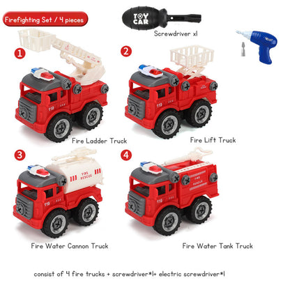 Children's Disassembly and Assembly Toy Car with Electric Screwdriver Screw Toy Engineering Vehicles Fire Trucks Police