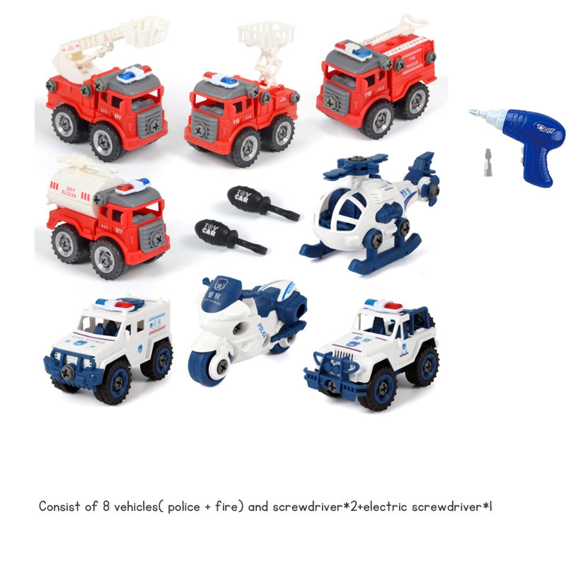 Children's Disassembly and Assembly Toy Car with Electric Screwdriver Screw Toy Engineering Vehicles Fire Trucks Police