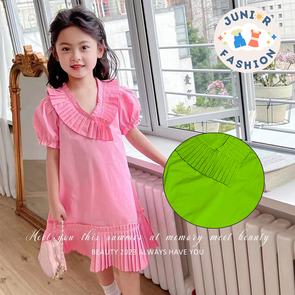 2023 Summer New Korean Style Sweet Bubble Sleeve Loose Slimming Pleated Dress for Girls