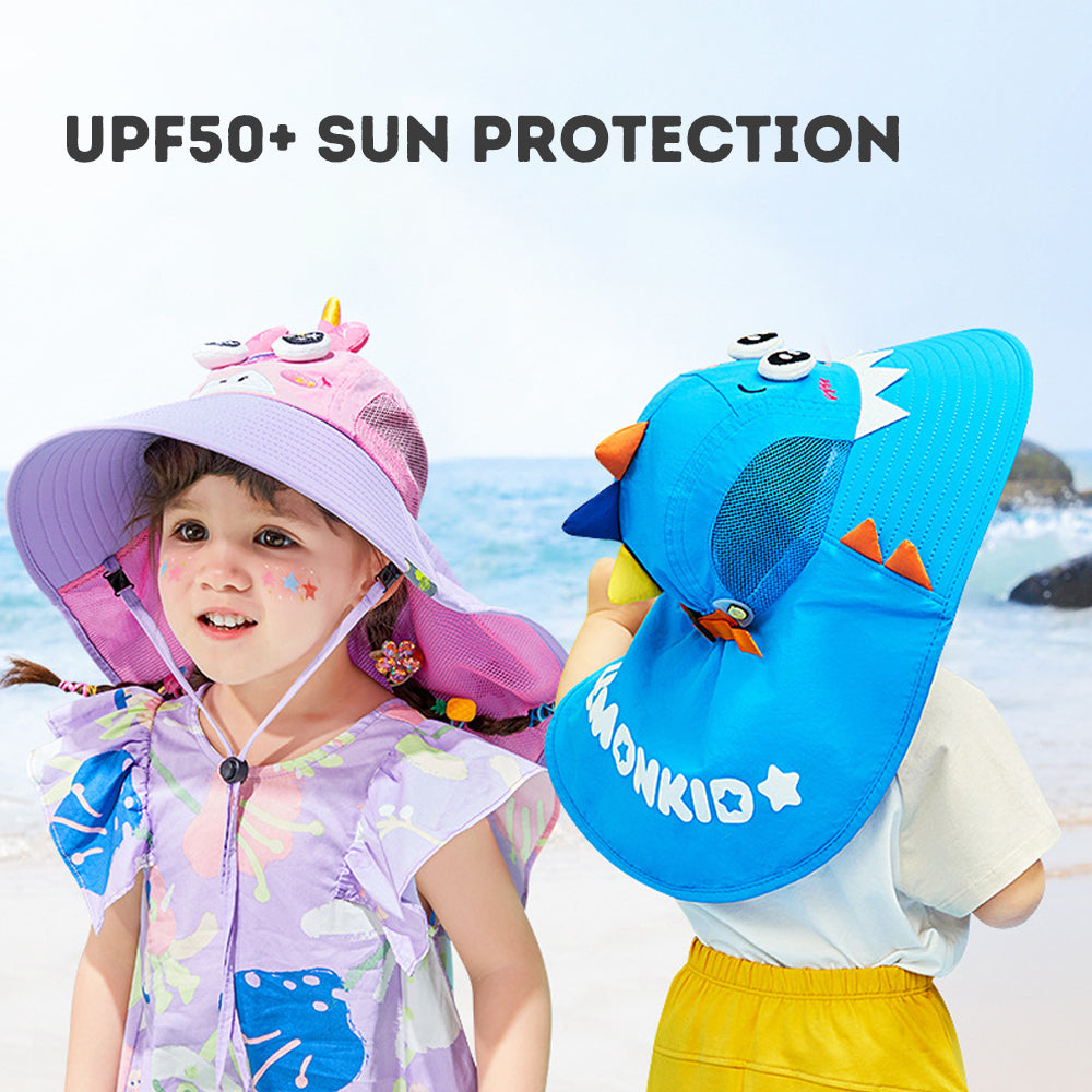 Kid's UV Protection Sun Hat with Cartoon Design and Wide Brim for Outdoor Activities