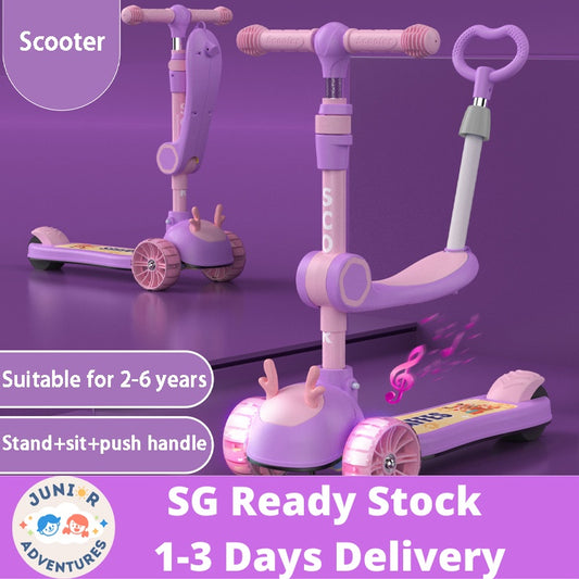Adjustable 3-Wheeled Scooter for Toddlers – Folding Kick Scooter with Push Rod & Stand Cruise Ride