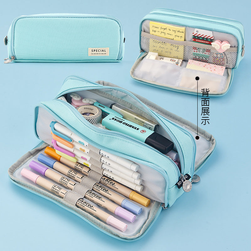 Multiple styles of minimalist solid-colored candy-colored large capacity stationery cases, creative student multi-functional canvas pencil cases that are washable.