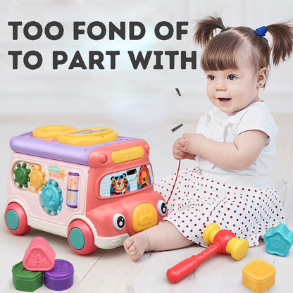 Cartoon Bus Whac-a-Mole: Multi-mode, Bilingual Switching, Puzzle Type Early Learning Toy Car with Pulling Function