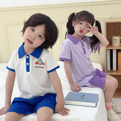 Boys' and girls' fashionable two-piece set, trendy and cute polo collar short sleeve suit for the 2023 summer season.