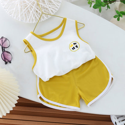 2023 Summer New Trendy Cartoon Sleeveless Sports Vest Two-Piece Set for Children.