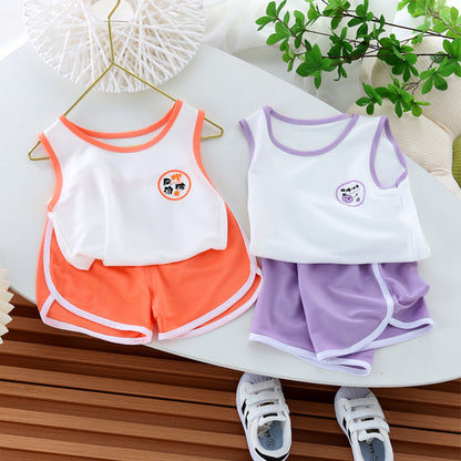 2023 Summer New Trendy Cartoon Sleeveless Sports Vest Two-Piece Set for Children.